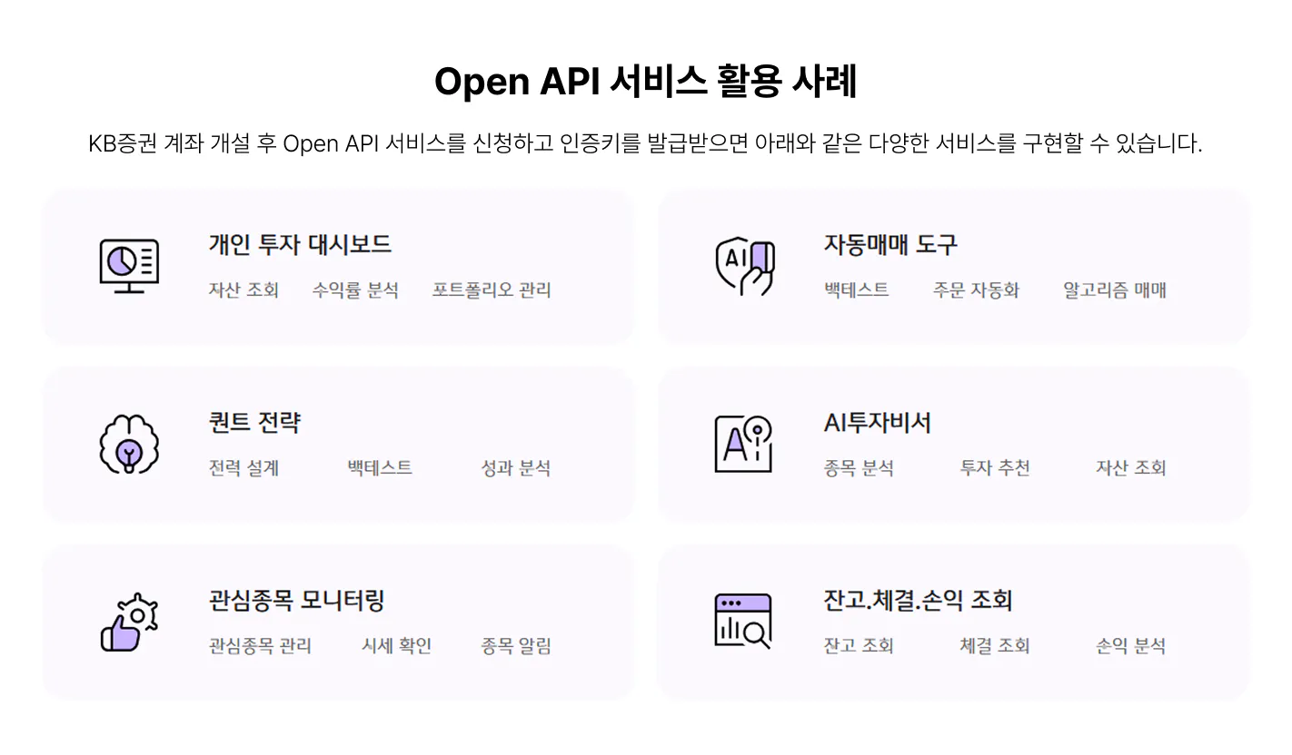 KB증권 Open API 서비스 활용 사례 — 투자 대시보드·자동매매·퀀트·AI 투자비서·관심종목·잔고 조회